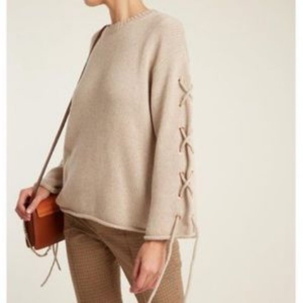 Women See By Chloe Sle Birch Beige Wool Blend Lace-Up Sleeve Pullover Sweater Xs